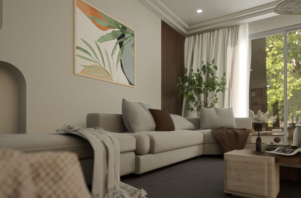 Elegant minimalist living room with beige sofa, plants, and modern decor.